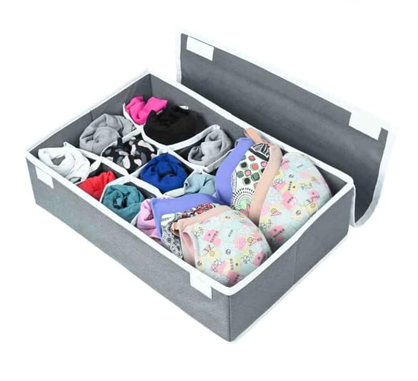 ANYTIME Set of 1 Undergarment Drawer Organizer 12+1 Compartment,Foldable Closet Wardrobe Organizer,Scarf,Bra,Undergarments,Belt,Lingerie, Socks,Foldable Storage Box Men & Women | Grey - Image 1