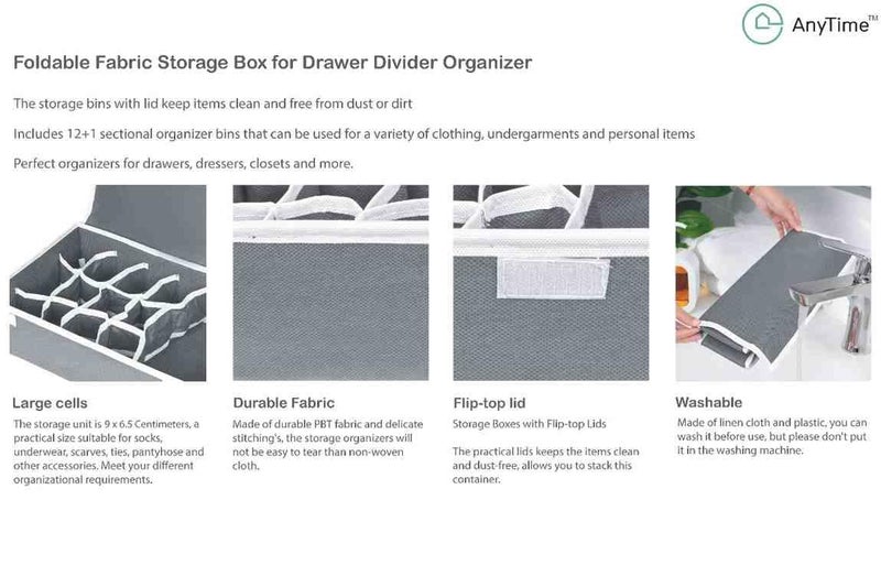 ANYTIME Set of 1 Undergarment Drawer Organizer 12+1 Compartment,Foldable Closet Wardrobe Organizer,Scarf,Bra,Undergarments,Belt,Lingerie, Socks,Foldable Storage Box Men & Women | Grey - Image 5