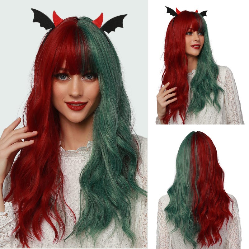 OUFEI Long Wavy Half Red Half Green Wigs with Bangs for Women Natural Synthetic Hair Heat Resistant Wig for Christmas Cosplay Party Use22 Inches