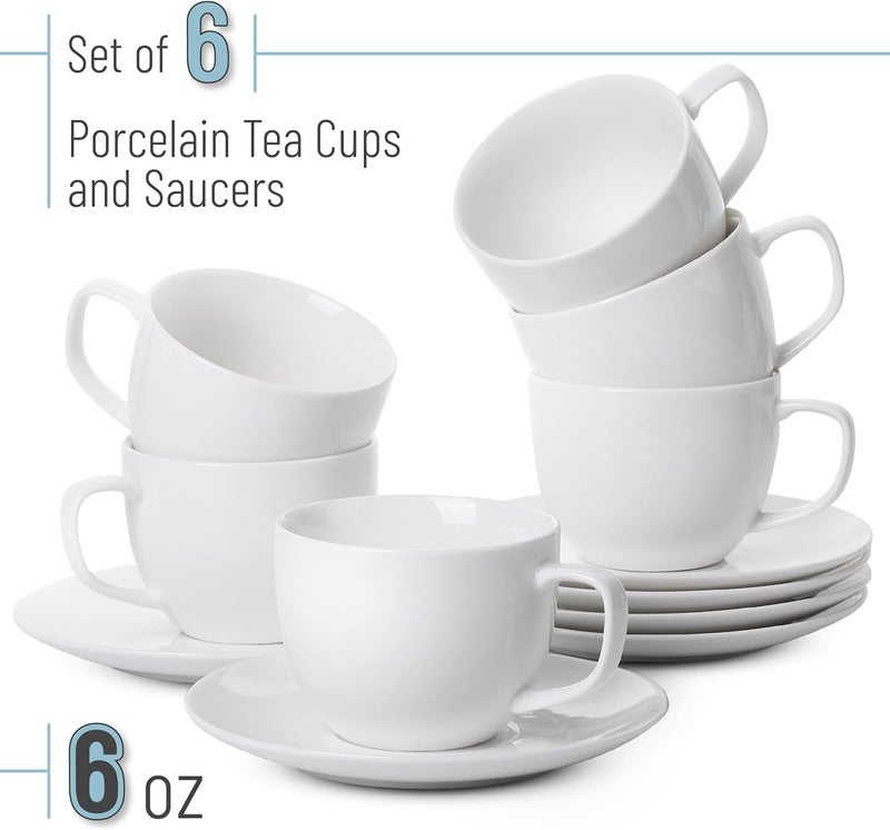 Brew To A Tea BTaT Porcelain Tea Cups and Saucers  6oz Set of 6 White Cup  Saucer Set - Image 2