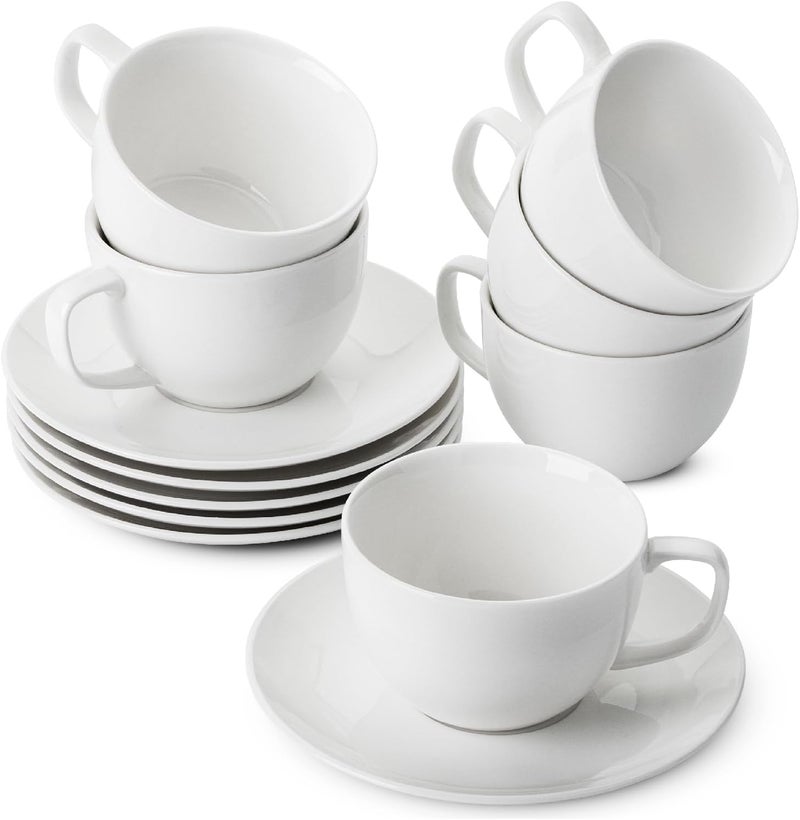 Brew To A Tea BTaT Porcelain Tea Cups and Saucers  6oz Set of 6 White Cup  Saucer Set - Image 1