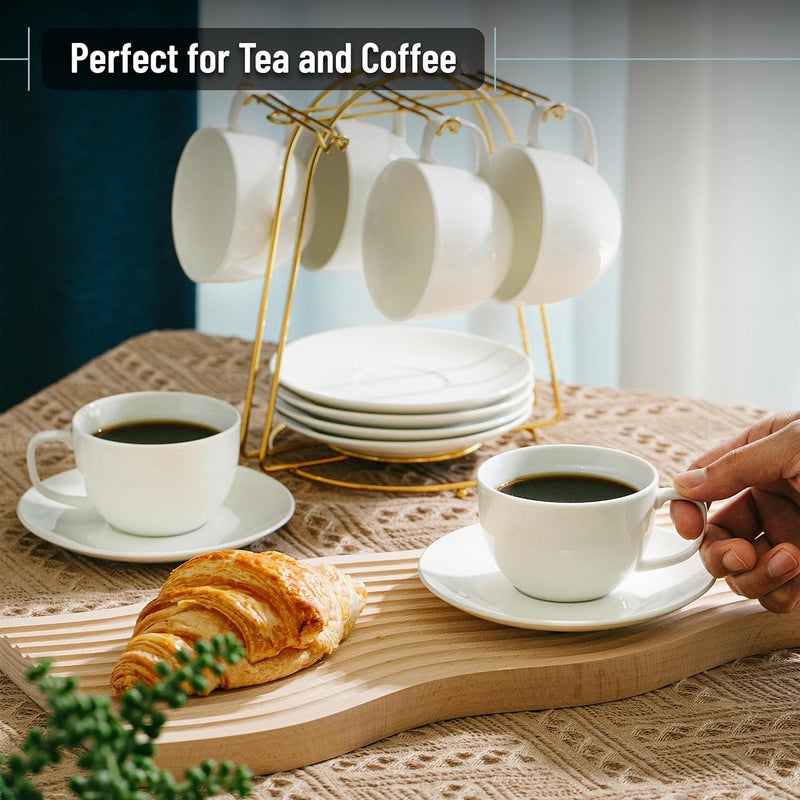 Brew To A Tea BTaT Porcelain Tea Cups and Saucers  6oz Set of 6 White Cup  Saucer Set - Image 5