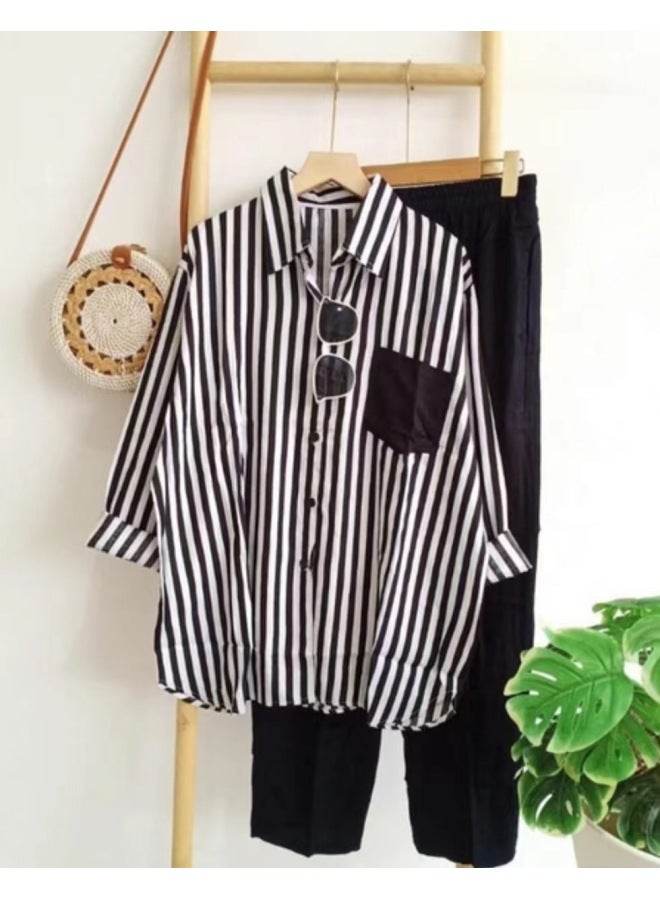 Summer New Fashion Loose Slim Comfortable Casual Striped Suit Women