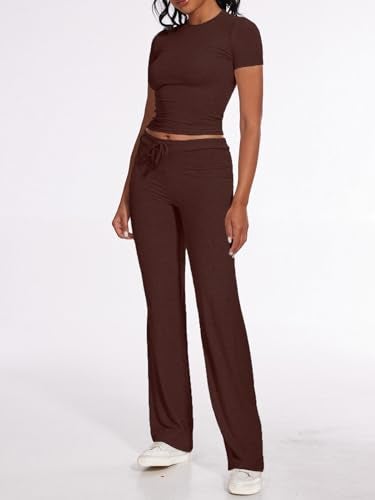 AnotherChill Women's 2 Piece Lounge Sets Straight Leg Pants Set Short Sleeve Crop T-shirt Casual Outfits Comfy Loungewear (Chocolate, Small) - Image 3