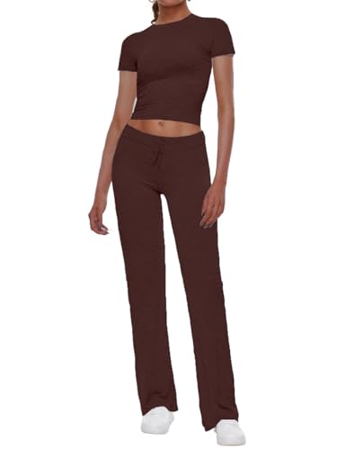 AnotherChill Women's 2 Piece Lounge Sets Straight Leg Pants Set Short Sleeve Crop T-shirt Casual Outfits Comfy Loungewear (Chocolate, Small) - Image 1