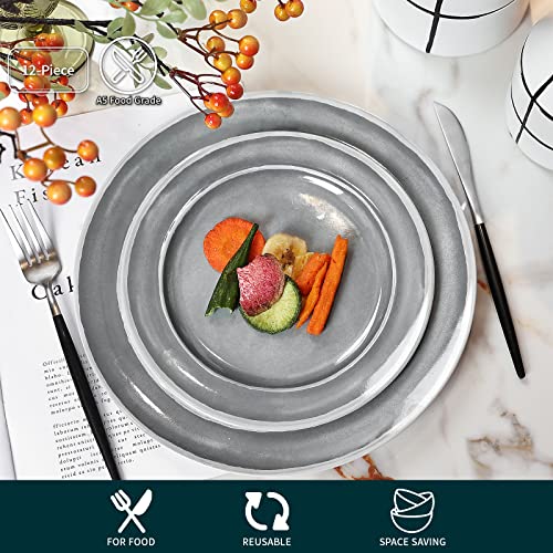 Webbylee Melamine Dinnerware Set - 12pcs Dishes Dinnerware Set for 4, Indoor and Outdoor use, Dishwasher Safe, Break-resistant, Lightweight, Gray - Image 4