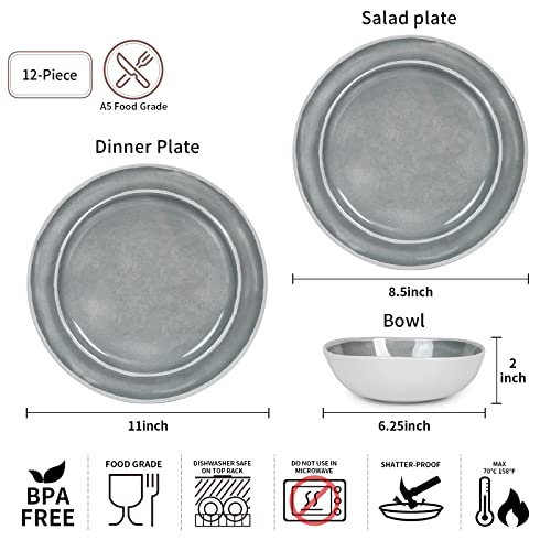 Webbylee Melamine Dinnerware Set - 12pcs Dishes Dinnerware Set for 4, Indoor and Outdoor use, Dishwasher Safe, Break-resistant, Lightweight, Gray - Image 2
