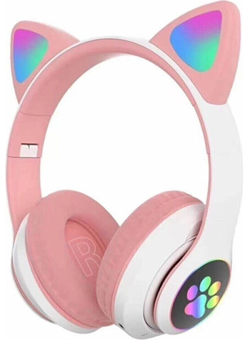 Sonia Cat Ear Detailed Bluetooth Wireless Colorful Lighting Rgb Pink Gaming Headset 