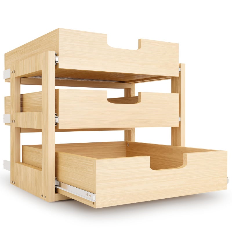 Grehitk Pull Out Cabinet Organizer, 14''WÃ—21''DÃ—19''H Soft Close Slide Out Wooden Pull out Drawers, Three Tier Slide out Wood Cabinet Organizer, for Base Cabinet Organization in Kitchen, Pantry, Bathroom - Image 1