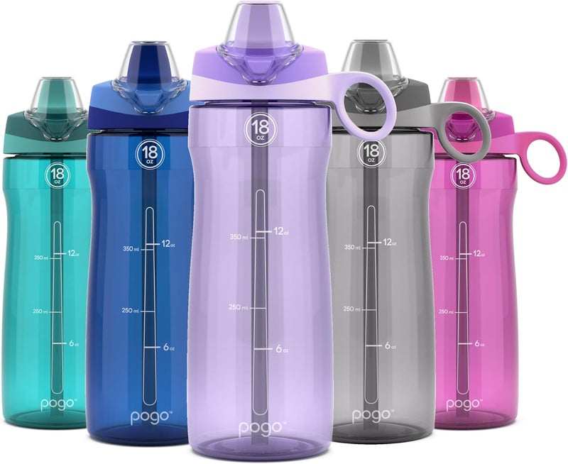 Pogo زجاجة ماء بلاستيكية بوجو مع غطاء قشة ناعمة ومقبض حمل خالية من BPA وآمنة في غسالة الصحون 18 أونصة ليلك - Image 1