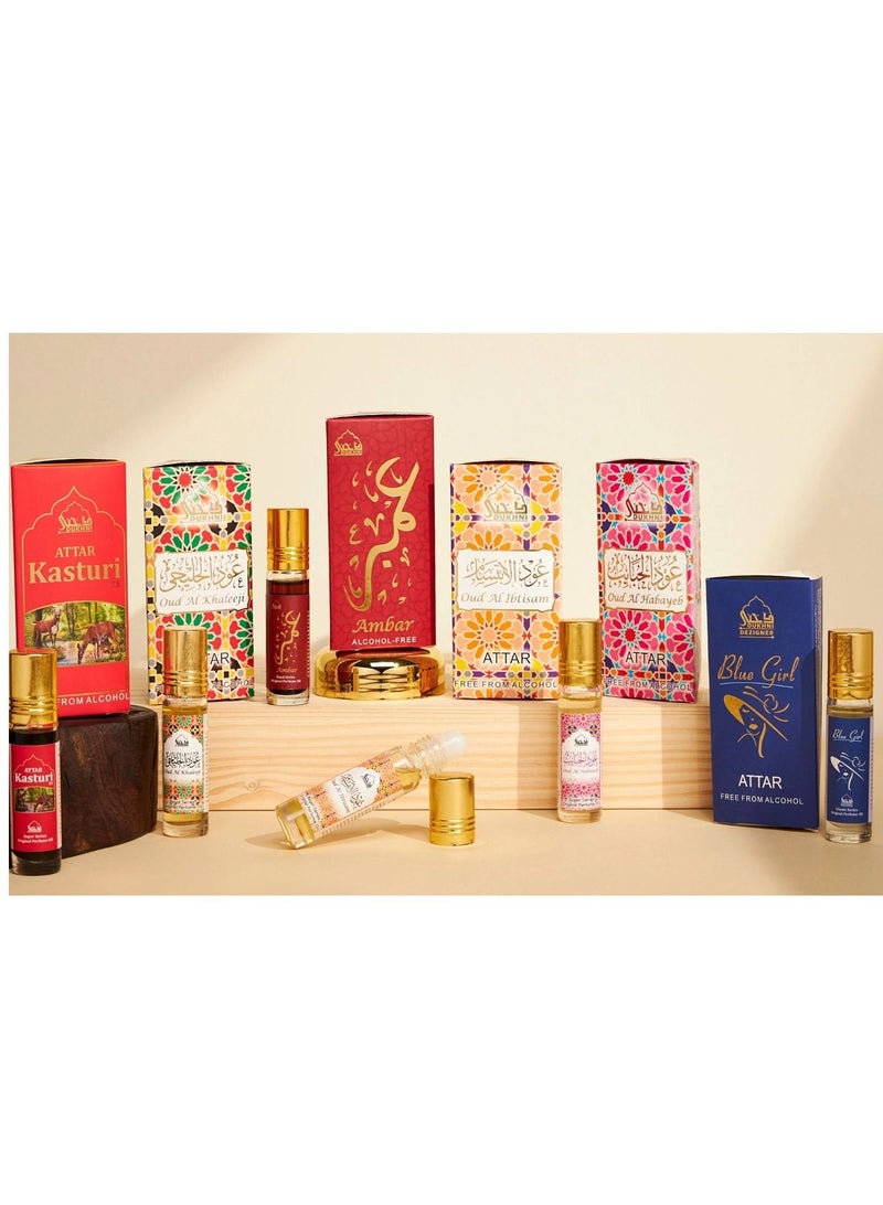 DUKHNI Attar Oil Set Authentic Arabic Fragrance Oils 100% Pure Alcohol-Free Halal Blends Oud Ibtisam Oud Khaleeji Oud Habayeb Kasturi Ambar Blue Girl 6m each - Image 2