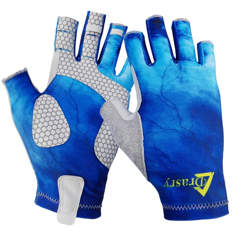 Drasry UV Protection Fishing Fingerless Gloves Men Women UPF 50 SPF for Fishing Kayak Paddling Hiking Sailing Rowing Sun Gloves Blue M - Image 2