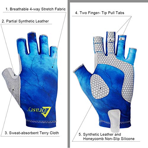 Drasry UV Protection Fishing Fingerless Gloves Men Women UPF 50 SPF for Fishing Kayak Paddling Hiking Sailing Rowing Sun Gloves Blue M - Image 3