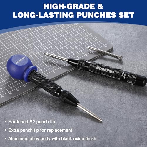 WORKPRO 2PCS Automatic Center Punch with an Extra Replacement Tip, Adjustable Spring Loaded Center Punch, Metal Punch Tool, Center Hole Punch for Wood, Metal, Plastic - Image 5