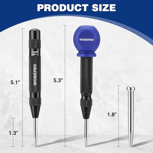 WORKPRO 2PCS Automatic Center Punch with an Extra Replacement Tip, Adjustable Spring Loaded Center Punch, Metal Punch Tool, Center Hole Punch for Wood, Metal, Plastic - Image 2