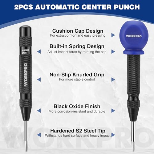 WORKPRO 2PCS Automatic Center Punch with an Extra Replacement Tip, Adjustable Spring Loaded Center Punch, Metal Punch Tool, Center Hole Punch for Wood, Metal, Plastic - Image 3