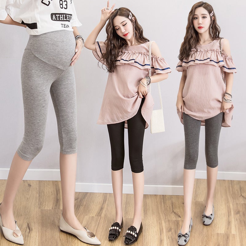 Pregnant women's leggings summer thin section outer wear solid color pregnant women's cropped pants large size high waist thin elastic belly support pants color Dark gray M - Image 2