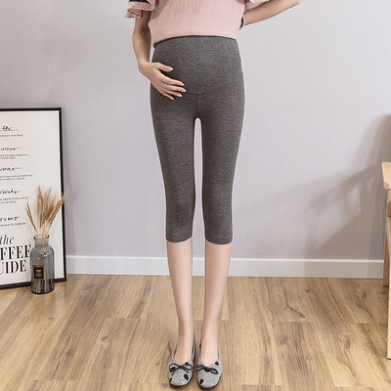Pregnant women's leggings summer thin section outer wear solid color pregnant women's cropped pants large size high waist thin elastic belly support pants color Dark gray M - Image 1
