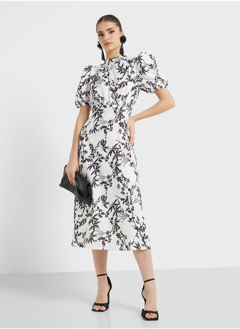 Ginger Monochrome Floral Puff Sleeve A Line Midi Dress  - Image 1