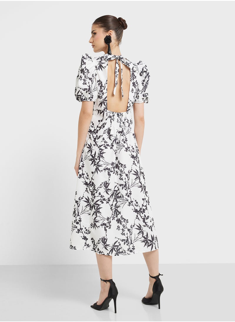 Ginger Monochrome Floral Puff Sleeve A Line Midi Dress  - Image 2