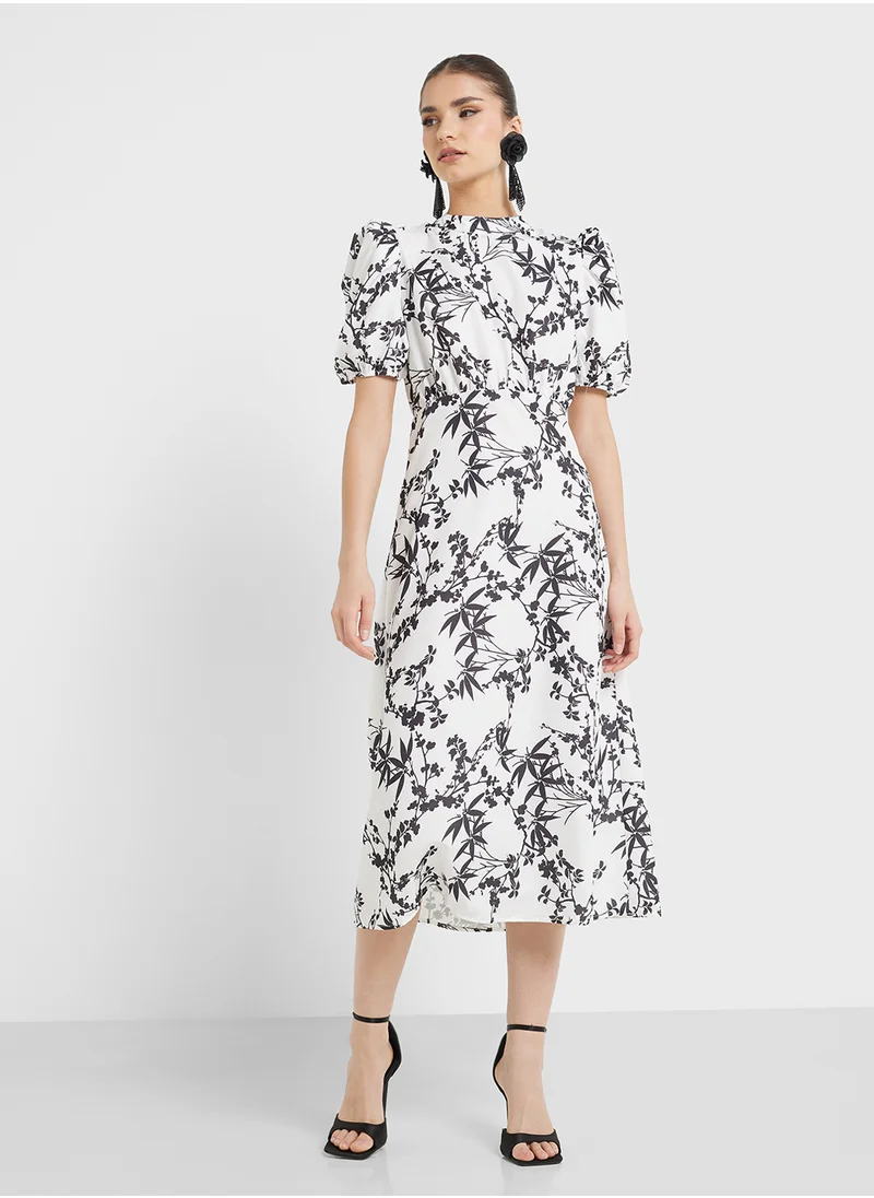 جينجر Monochrome Floral Puff Sleeve A Line Midi Dress