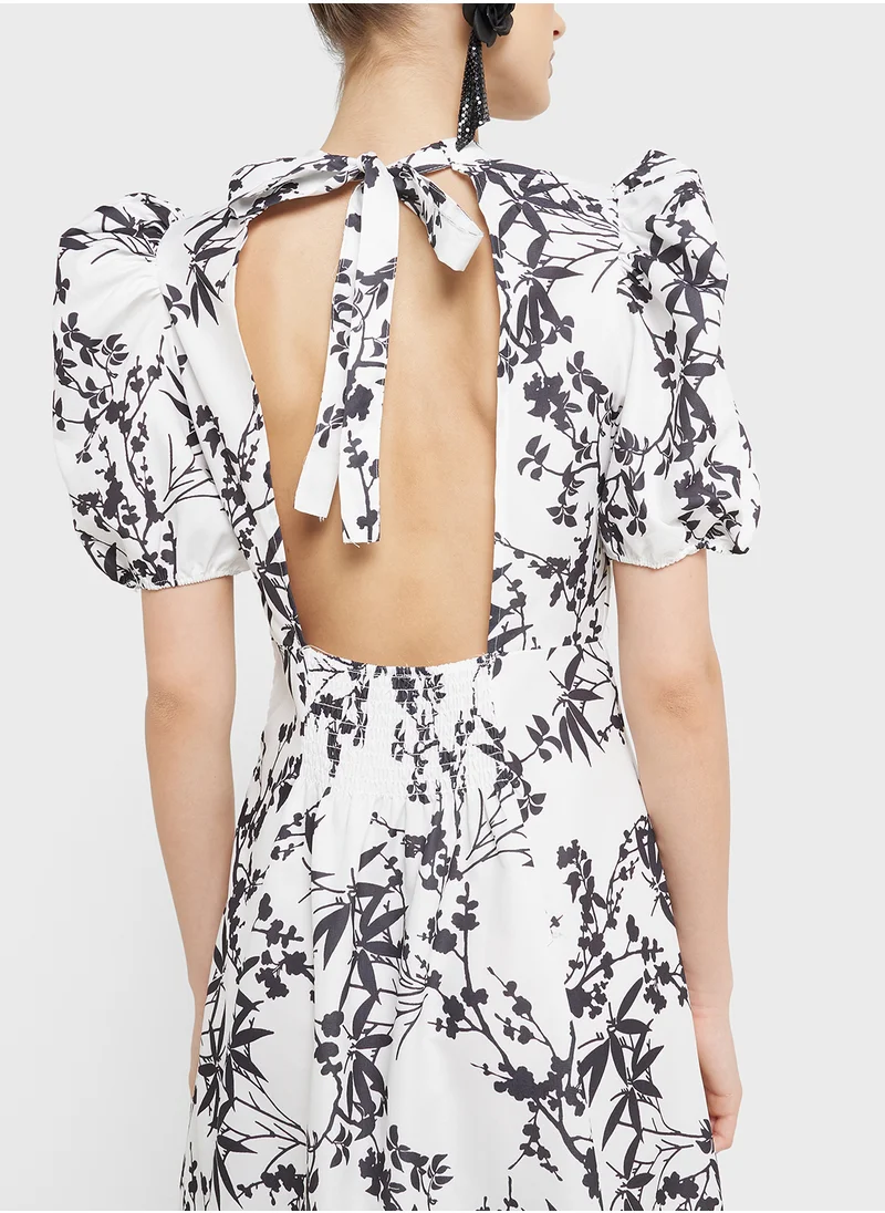 جينجر Monochrome Floral Puff Sleeve A Line Midi Dress