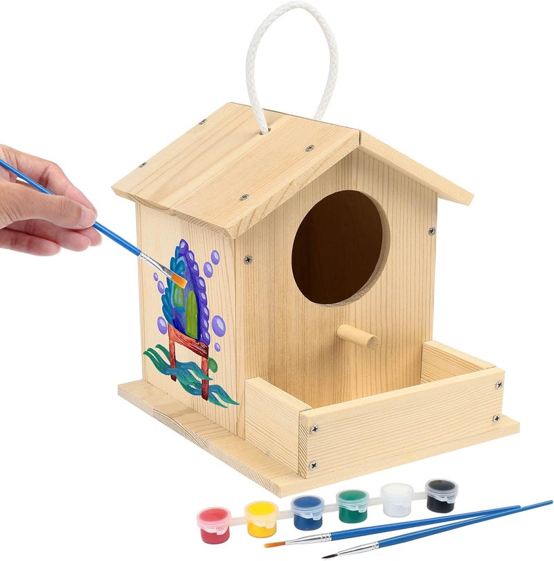 LotFancy Bird House Kit, DIY Wooden Birdhouse Kits, Arts and Crafts Painting Kits for Kids Ages 4+, Build and Paint, Including Paints & Brushes - Image 1