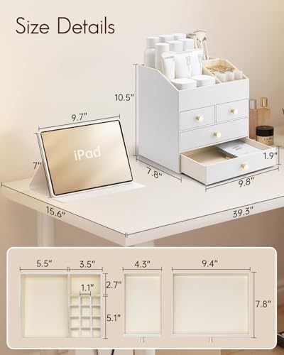 VLANDO Makeup Organizer CountertopLarge Vanity Organizer PU Leather Make up Storage with 4 Drawers Skin care Organizer Cosmetic Display Case for LipstickBrushesBedroomWhite - Image 3