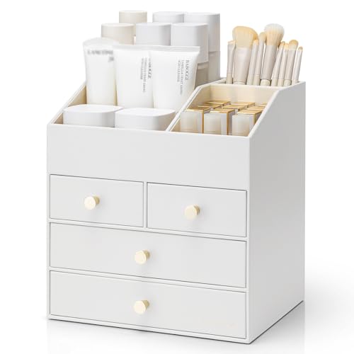 VLANDO Makeup Organizer CountertopLarge Vanity Organizer PU Leather Make up Storage with 4 Drawers Skin care Organizer Cosmetic Display Case for LipstickBrushesBedroomWhite - Image 1