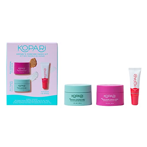Kopari Kopari Forever Faves Bundle  Mini Organic Coconut Melt Exfoliating Mini Coconut Crush Scrub Clear Moisturizing Lip Glossy  Body and Lip Kit to Soothe and Hydrate Dry Skin  Cruelty Free Vegan