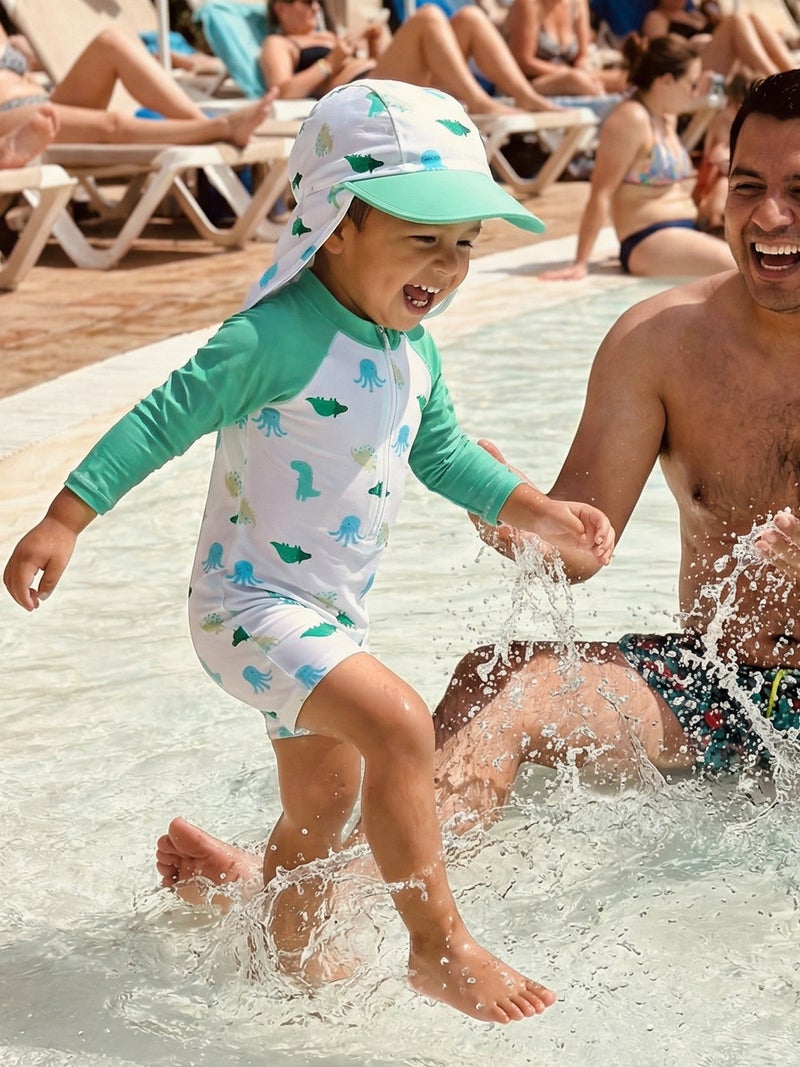 Baby Boy Rash Guard Swimsuit Octopus Print Long Sleeve Zipper Romper with Swimming Hat - Image 4