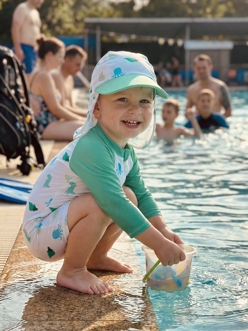 Baby Boy Rash Guard Swimsuit Octopus Print Long Sleeve Zipper Romper with Swimming Hat - Image 3