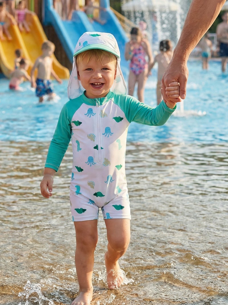 Baby Boy Rash Guard Swimsuit Octopus Print Long Sleeve Zipper Romper with Swimming Hat - Image 2