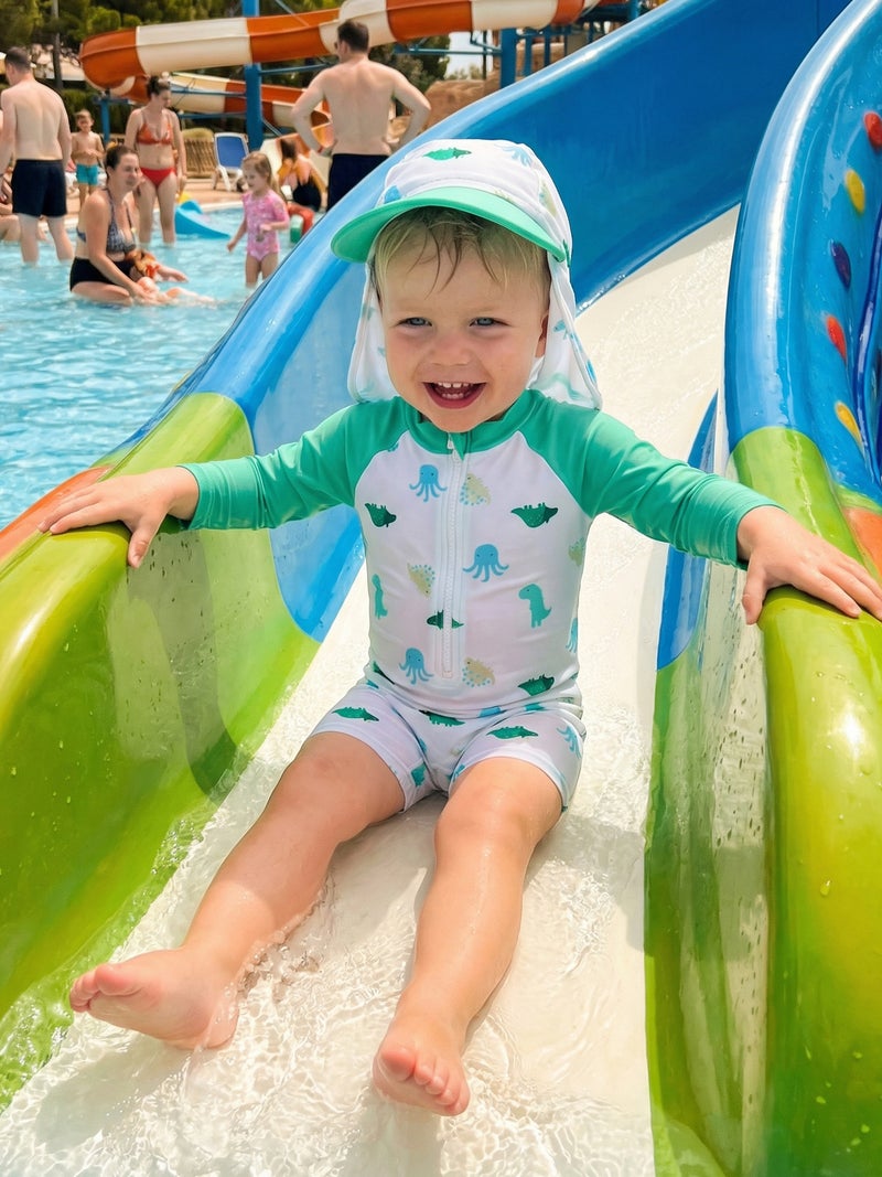 Baby Boy Rash Guard Swimsuit Octopus Print Long Sleeve Zipper Romper with Swimming Hat - Image 1