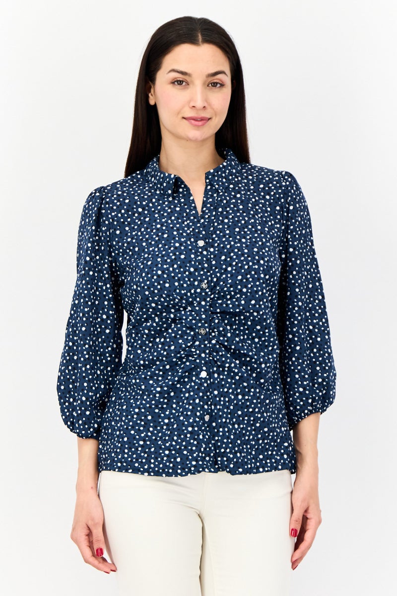 ADRIENNE VITTADINI Women Spread Collar 3/4 Sleeve Allover Print Blouse, Teal Green - Image 1
