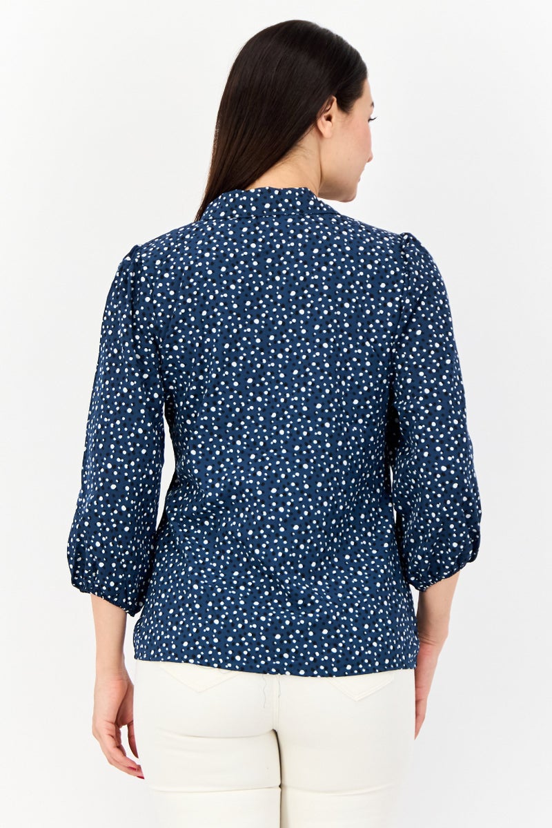 ADRIENNE VITTADINI Women Spread Collar 3/4 Sleeve Allover Print Blouse, Teal Green - Image 3