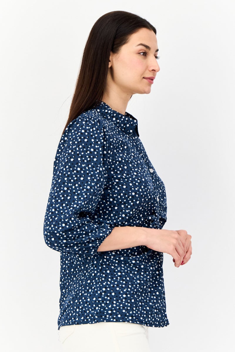 ADRIENNE VITTADINI Women Spread Collar 3/4 Sleeve Allover Print Blouse, Teal Green - Image 2