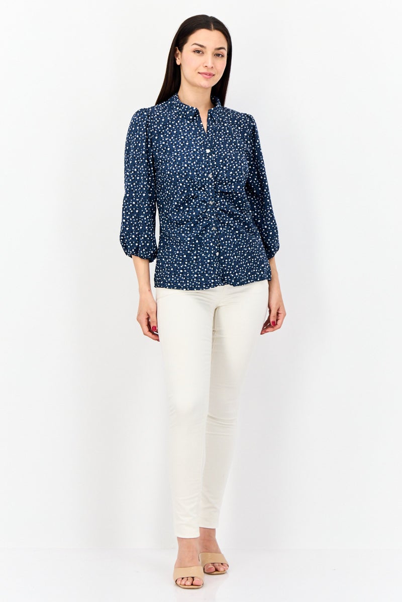 ADRIENNE VITTADINI Women Spread Collar 3/4 Sleeve Allover Print Blouse, Teal Green - Image 4