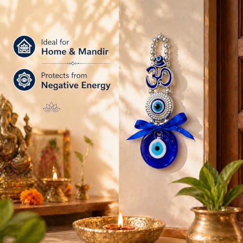 BLUE BEADS Ceramic Turkish Feng Shui Vastu Blue Glass Evil Eye Hanging/Door Hanging Nazar Batu For Protection And Good Luck - Perfect For Gifting Home Or Office (Om) - Image 3