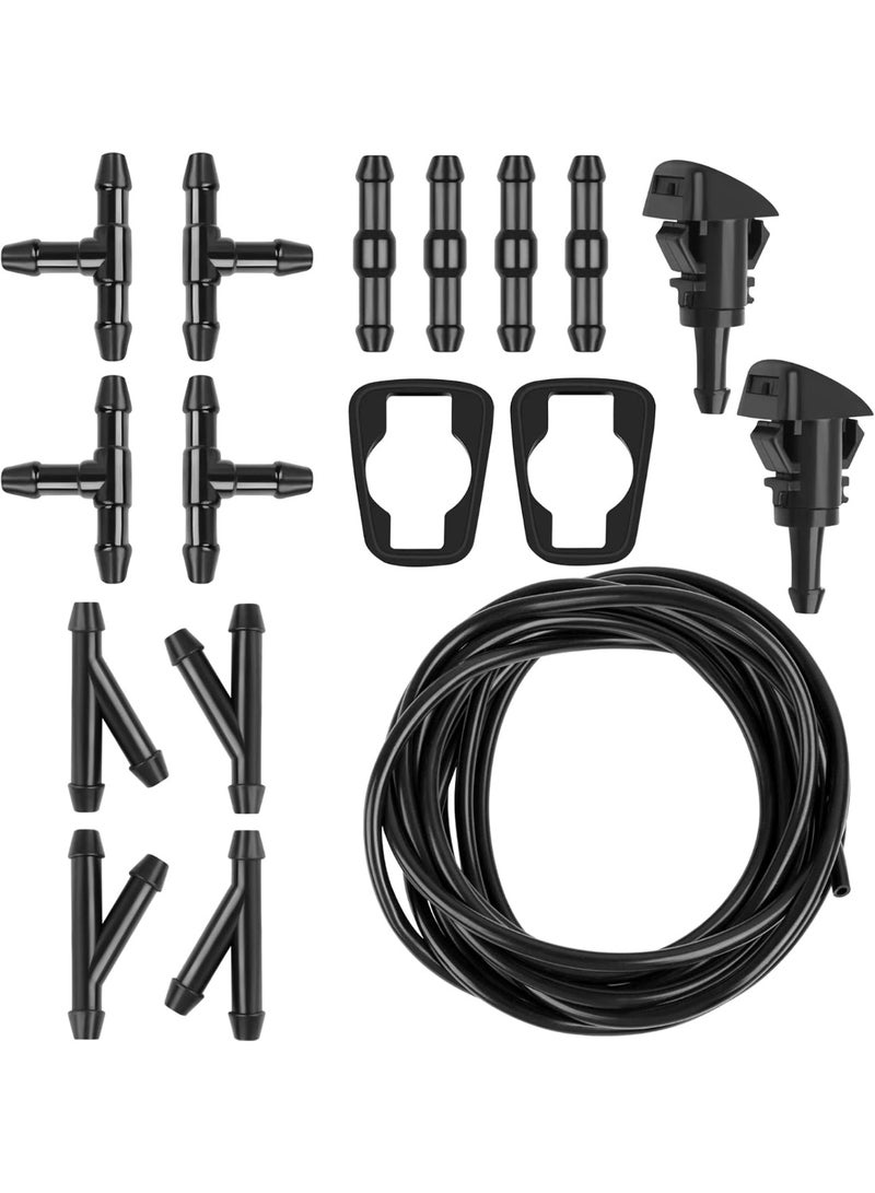 5M Black Rubber Windshield Washer Hose Kit, 12 Connectors (T, Y, I Type), 2 Fan Nozzles, Suitable for Most Cars, Easy Replacement, 1 Pack - Image 1