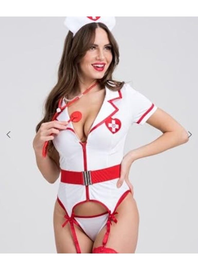 هنادى قميص نوم تنكرى الممرضة بخامة زبدة شاملة التايدز والأندر والطاقية – وان سايز يناسب حتى 80 كيلو – HN 7176 - Image 1