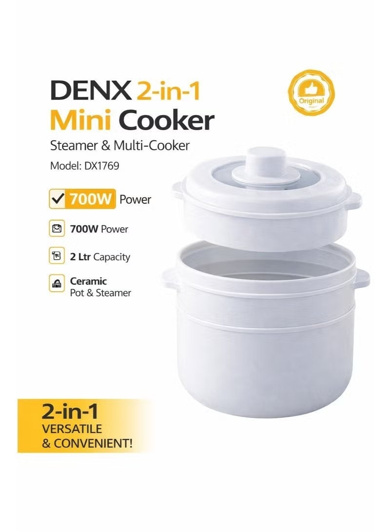 Denx 2 in 1 Mini Electric Rice Cooker & Steamer DX1769 – 700W Compact Multi Cooker, 2L Ceramic Non-Stick Pot, Portable Kitchen Appliance for Rice, Soup, Porridge & Healthy Home Cooking - Image 1