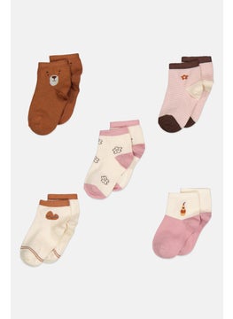 bebe Kids Girl 5 Pairs Graphic Printed Non Terry Quarter Socks, Multicolor  - Image 1