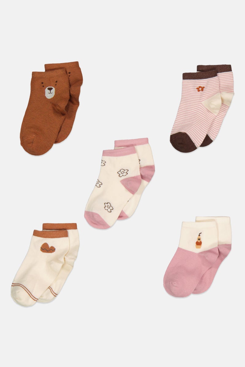 bebe Kids Girl 5 Pairs Graphic Printed Non Terry Quarter Socks, Multicolor - Image 1