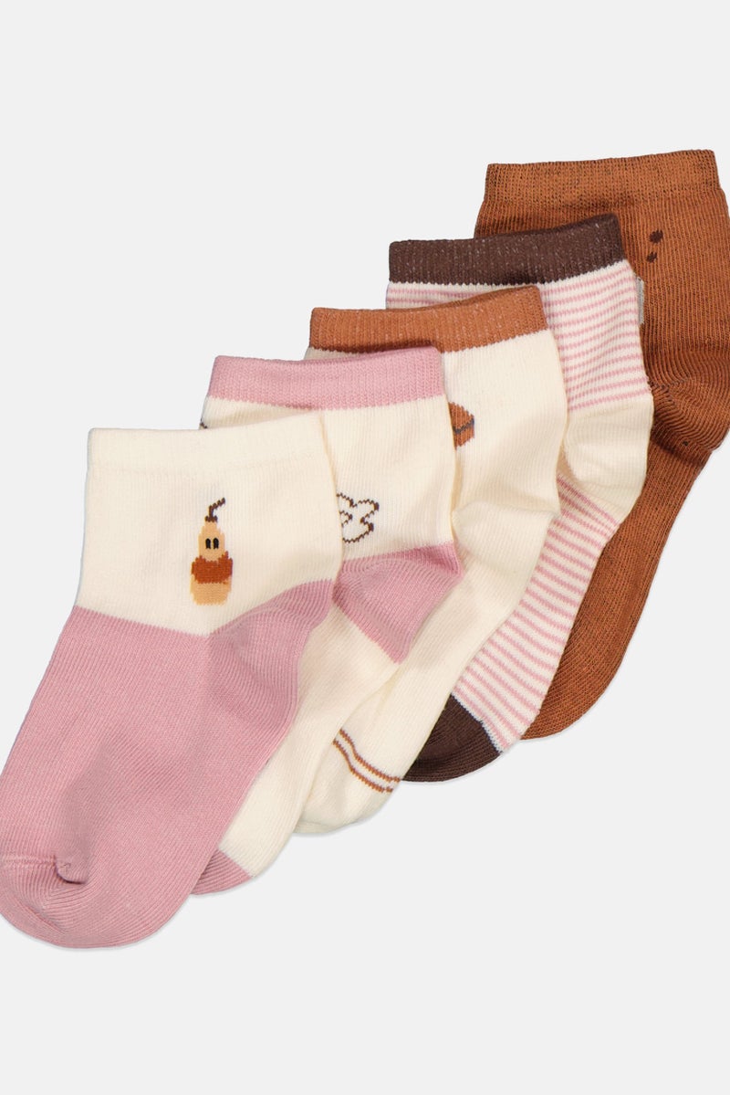 bebe Kids Girl 5 Pairs Graphic Printed Non Terry Quarter Socks, Multicolor - Image 2