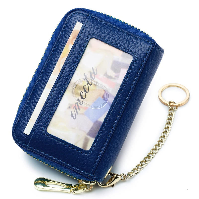 imeetu RFID Credit Card Holder, Small Leather Zipper Card Case Wallet with Keychain and ID Window for Women (Pro,Cobalt Blue) - Image 2