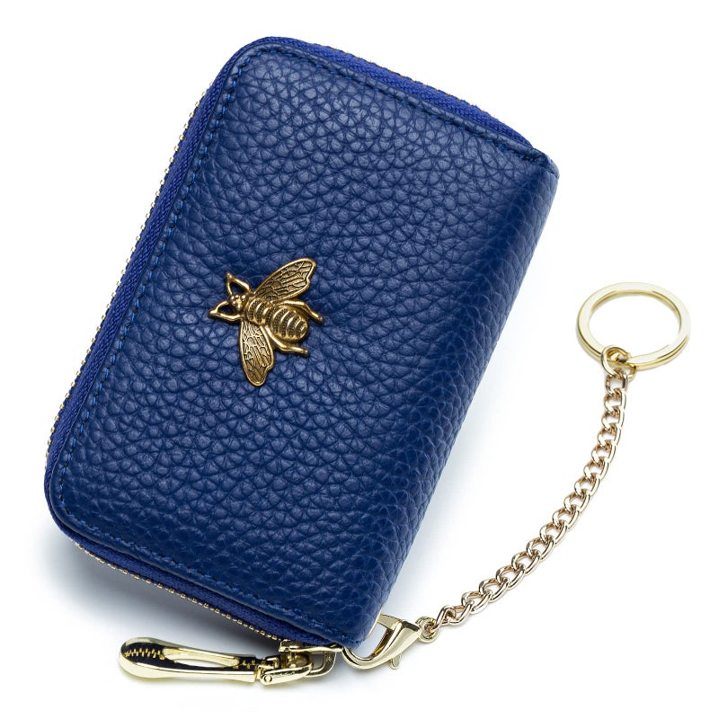 imeetu RFID Credit Card Holder, Small Leather Zipper Card Case Wallet with Keychain and ID Window for Women (Pro,Cobalt Blue) - Image 1