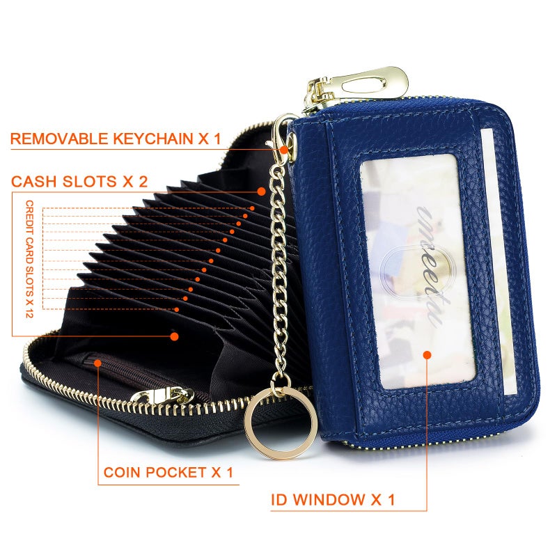 imeetu RFID Credit Card Holder, Small Leather Zipper Card Case Wallet with Keychain and ID Window for Women (Pro,Cobalt Blue) - Image 3