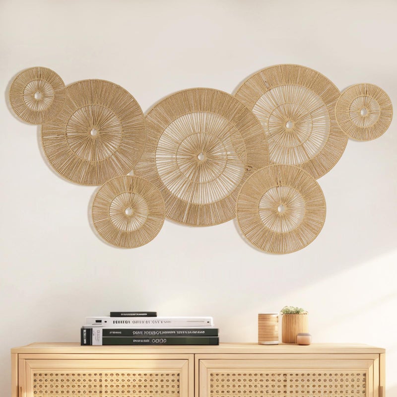 Mokof 7 Pack Boho Wall Decor Round Baskets Set (Small 7" to Largest 17") - Handwoven Large Wall Hanging Art for Bedroom, Living Room, Home Office - Image 1