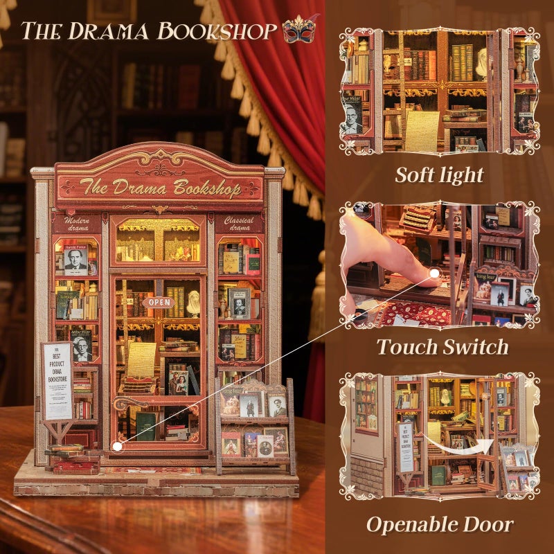 CUTEBEE Book Nook Kit - DIY Miniature House Dollhouse Kit for Adults and Teens, Booknook Tiny House Bookshelf Decor 3D Wooden Puzzle, Gifts for Family Friends (Drama Bookshop) - Image 3